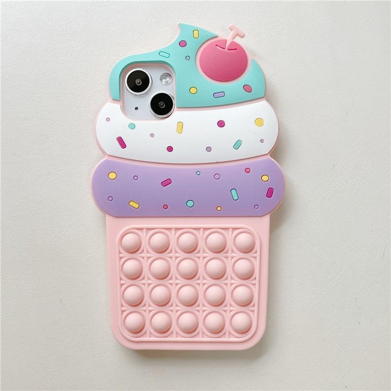Coque de téléphone en silicone 3D en forme de glace à la cerise pour iPhone 13 12 11 Pro Max Xs Xr 7 8 Plus X Se avec jeu de bulles pour doigts, coque souple antichoc en silicone 3D en forme de cupcake de dessin animé à protection intégrale