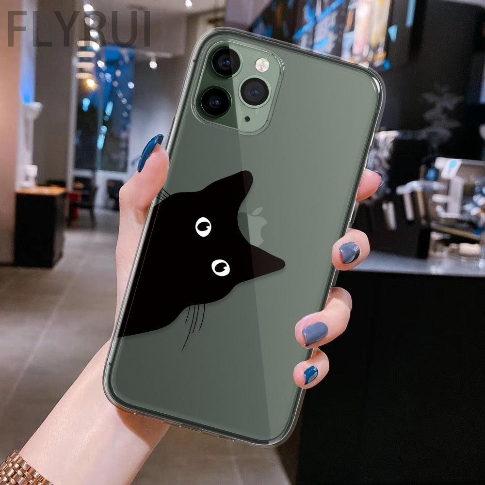 Coque de téléphone transparente avec motif d'animaux de chats noirs mignons pour iPhone 11 13 12 Pro Max 7 8 Plus Se 2020 Housse de protection en silicone souple et flexible, design fin et transparent
