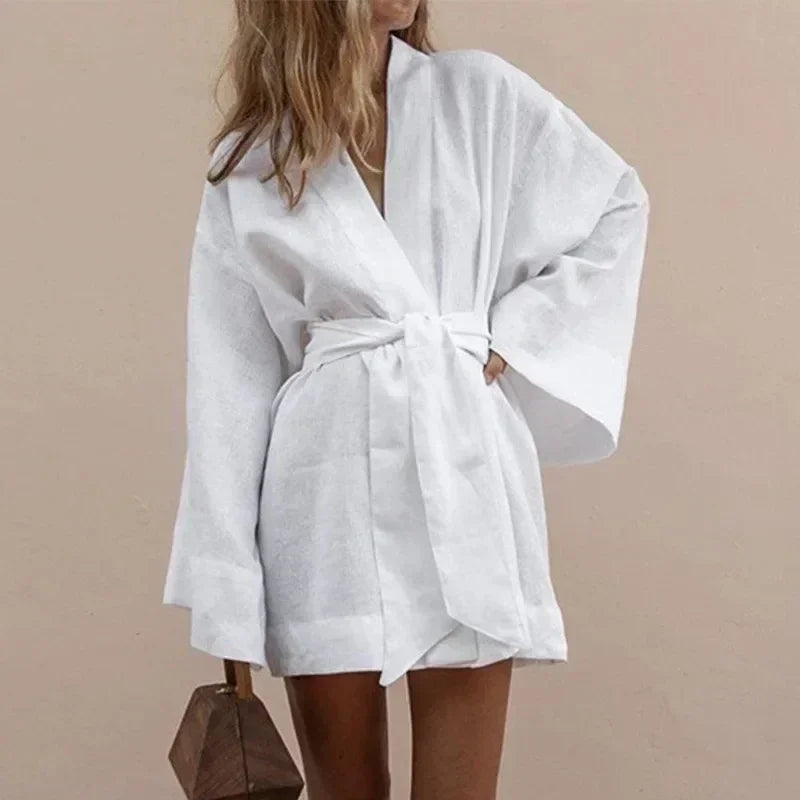 Cardigan Kimono Col V Femme, Robe Courte en Coton et Lin à Manches Longues, avec Ceinture, Style Robe de Chambre, Lacets, Été, Ample, Vestidos