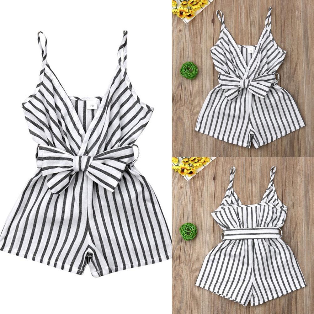 Barboteuse élégante moderne sans manches à rayures avec nœud et bretelles pour nouveau-né fille, tenue une pièce pour filles