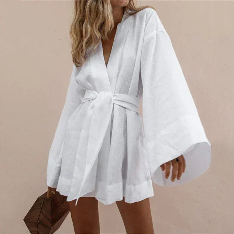 Cardigan Kimono Col V Femme, Robe Courte en Coton et Lin à Manches Longues, avec Ceinture, Style Robe de Chambre, Lacets, Été, Ample, Vestidos
