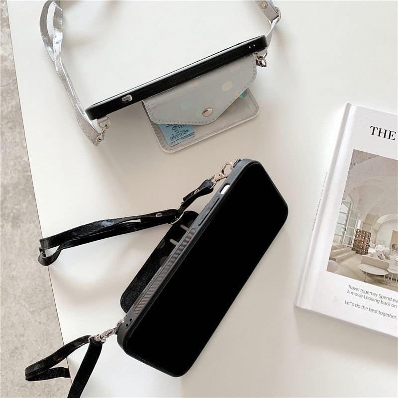 Étui de téléphone de luxe avec bandoulière et petits pois pour iPhone 14 14Pro Max 13 12 Mini 11 Pro XSXR 7 8 Plus, étui portefeuille en cuir avec porte-cartes, dragonne et pochette.