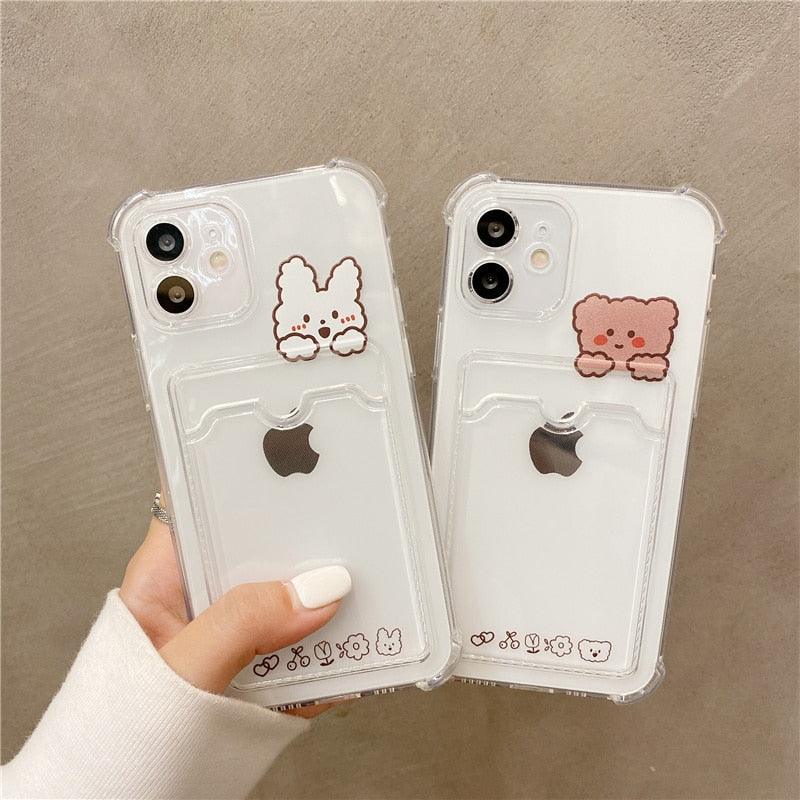 Coque de Téléphone Anti-choc Lapin Dessin Animé Ours Mignon pour iPhone 11 12 13 14 Pro Housse Souple Rigolote Ours Mignon Etui Souple et Mince avec Fente pour Cartes Esthétique Porte-Cartes