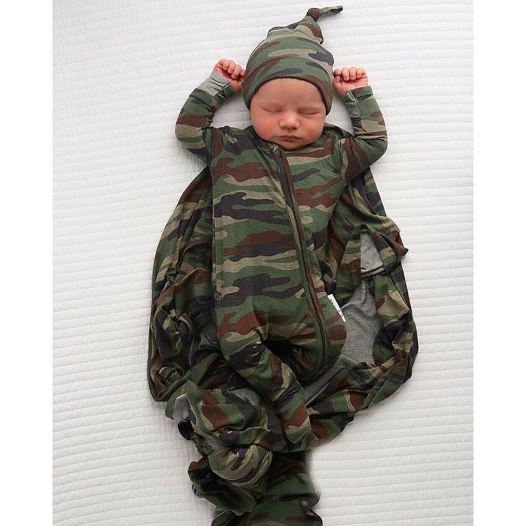 Barboteuse camouflage militaire pour bébés filles et garçons, combishort décontracté mignon à fermeture éclair avec bandeau et chapeau pour filles et garçons