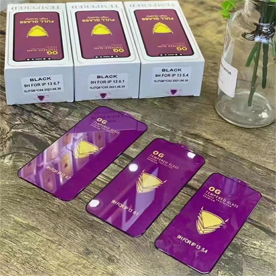 Lot de 3 protections d'écran en verre trempé OG pour iPhone 14 13 12 11 Pro XS Max X XR, avec colle intégrale, bordures incurvées, couverture complète pour iPhone 7 8, protection d'écran en verre pour iPhone