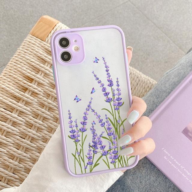 Coque de téléphone Lavande Papillon pour iPhone 13 mini 14 pro max, Coque rigide antichoc, Motif floral, Protection d'objectif intégrée, Beau design, Coque arrière transparente pour iPhone