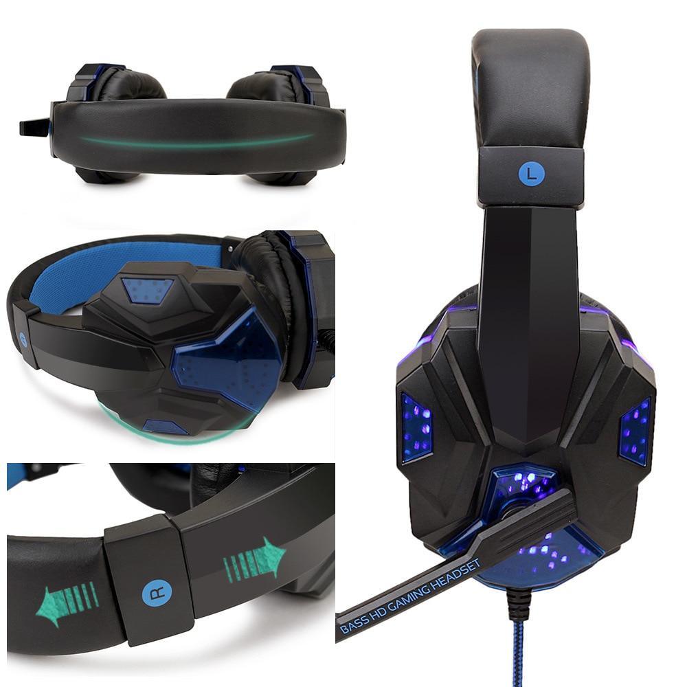 Casque de jeu professionnel lumineux à LED pour ordinateur, basse réglable, stéréo PC Gamer, filaire, supra-auriculaire, avec micro