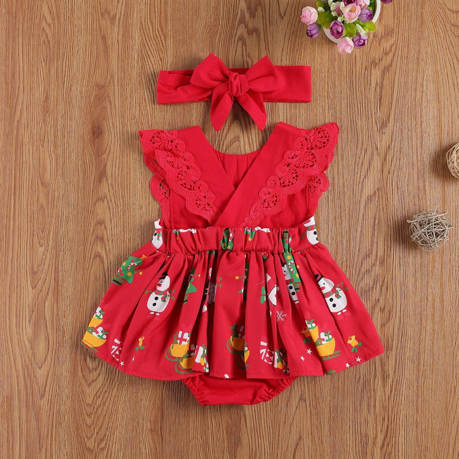 Bébé Filles Combinaisons Robe Dentelle Volants Manches Courtes Imprimé Dessin Animé Barboteuses Bandeau
