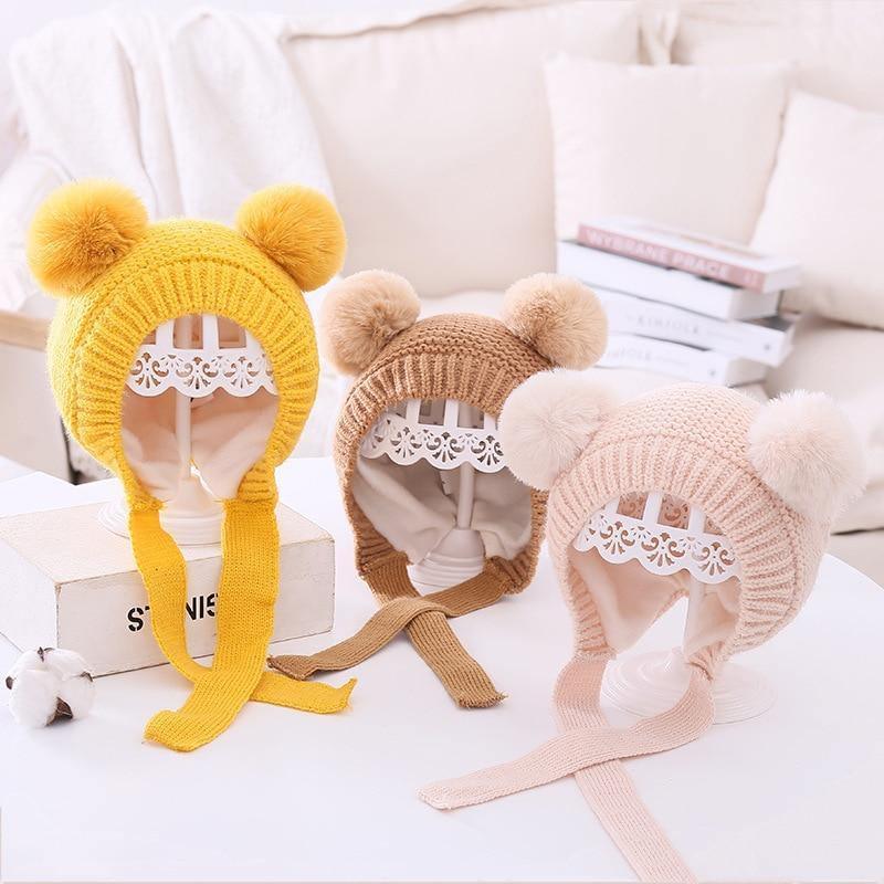 Chapeau d'Hiver de Noël Tricoté pour Bébé Fait à la Main Tendance Moderne Mignon Double Pompom Bonnet pour Nouveau-né Garçon Fille Cache-Oreilles Chapeaux Enfants