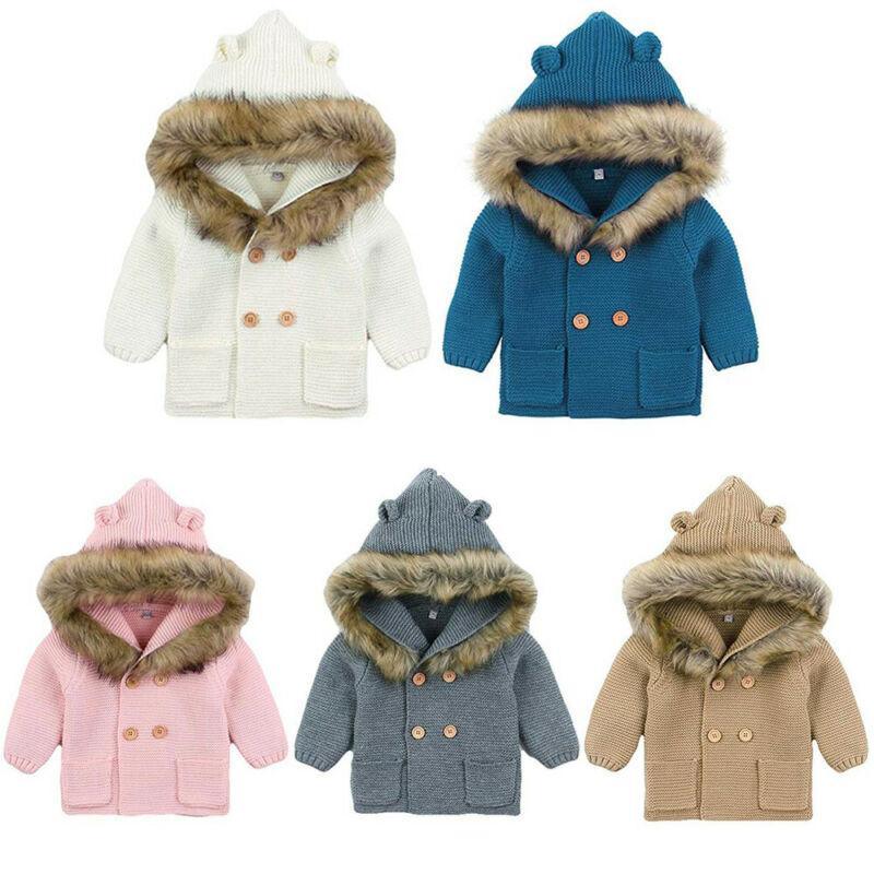 Manteau à capuche en tricot chaud d'hiver de luxe moderne pour nouveau-né garçon ou fille, avec col en fourrure pour garçons et filles