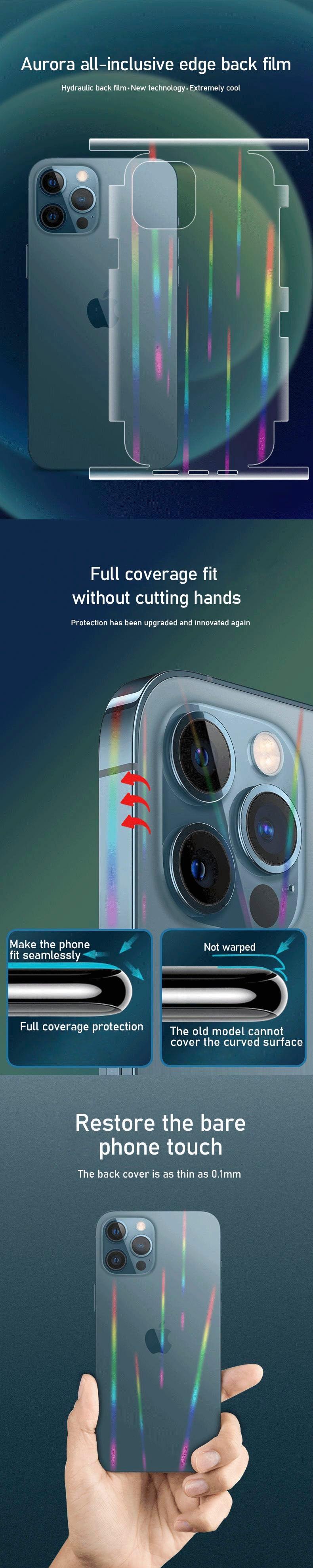 Film Hydrogel Aurora Laser Dégradé pour iPhone 13 11 12 Pro Max Mini X XS XR 7 8 Plus SE 2, Protection d'écran Souple, Coque Arrière Complète, Fine et Anti-Rayures pour iPhone