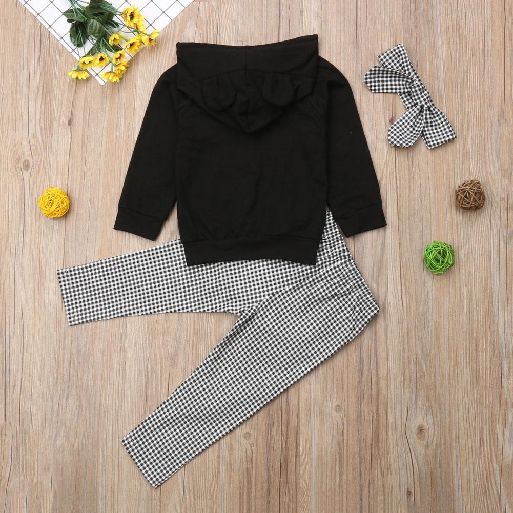 Ensembles de vêtements d'hiver 1-6 ans pour bébés filles, hauts à capuche noirs et pantalons à carreaux à volants avec bandeau, style moderne et nouveau