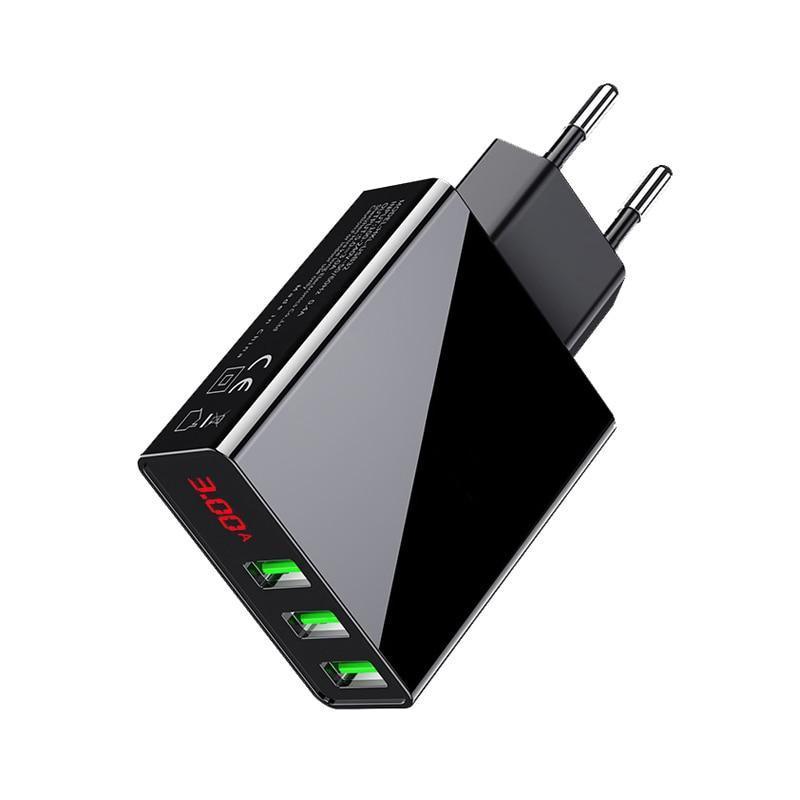 Chargeur de téléphone USB à 3 ports avec écran LED Prise UE Charge rapide intelligente de 3 A max au total Chargeur mural mobile pour smartphones