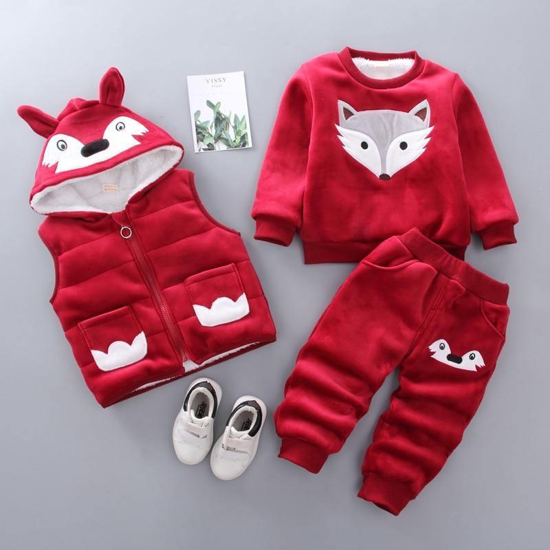Vêtements pour bébé épais et chauds d'hiver, ensemble trois pièces avec pull à capuche imprimé ours et renard de dessin animé pour bébé fille, pull et pantalon