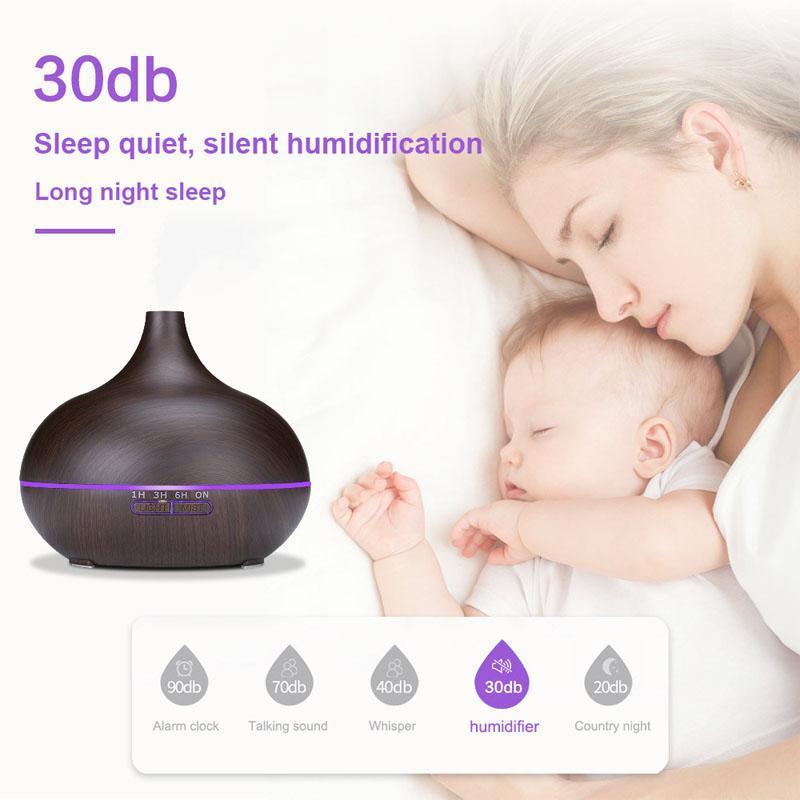 Diffuseur d'huile essentielle d'aromathérapie 550 ml grain de bois télécommande humidificateur d'air ultrasonique brume froide avec lumière LED 7 couleurs pour chambre de bébé, arrêt automatique sans eau, 7 couleurs de lumières changeantes