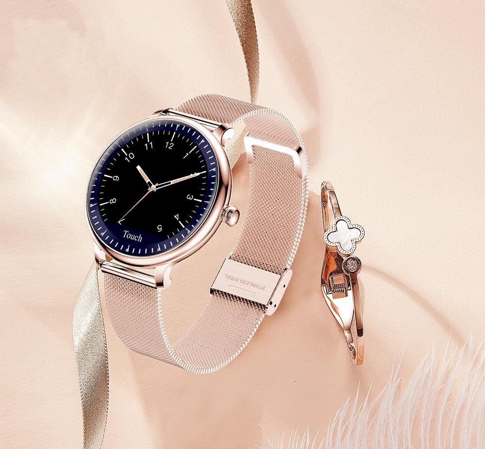 Montre connectée de luxe moderne et élégante pour femmes avec écran rond, compatible avec les systèmes Android et iOS, avec moniteur de fréquence cardiaque, pour filles, femmes et dames