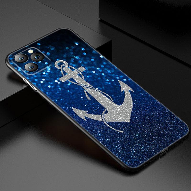Coque de téléphone à roue de bateau ancre pour iPhone 13 12 Mini 11 Pro XS Max XR X 8 7 6S 6 Plus 5S 5 SE 2020 Housse noire Coque arrière rigide d'ancre personnalisée