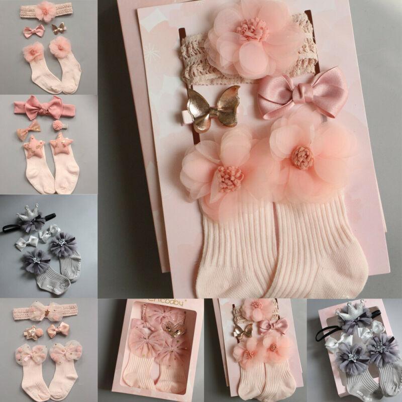 4 paires/lot de chaussettes antidérapantes pour bébé fille + bandeau + épingle à cheveux