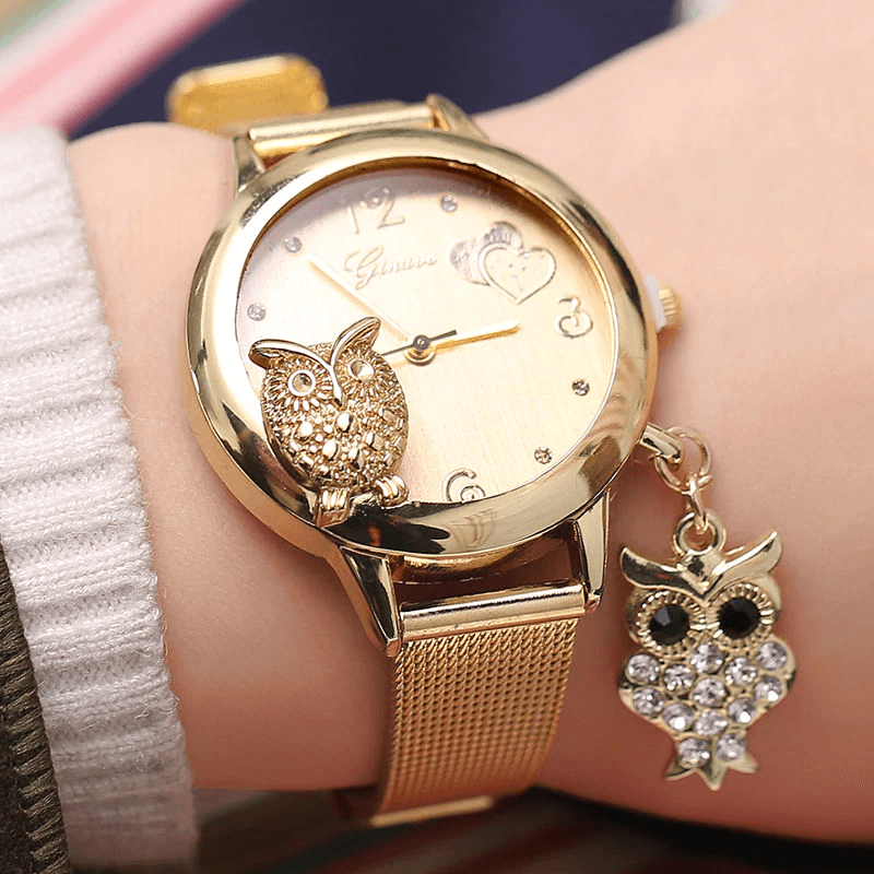 STEVVEX Gold Montre Bracelet Femme Quartz Or Rose Acier Inoxydable Maille Dames Montre-bracelet Horloge Hibou (Or) Pour Femmes et Filles
