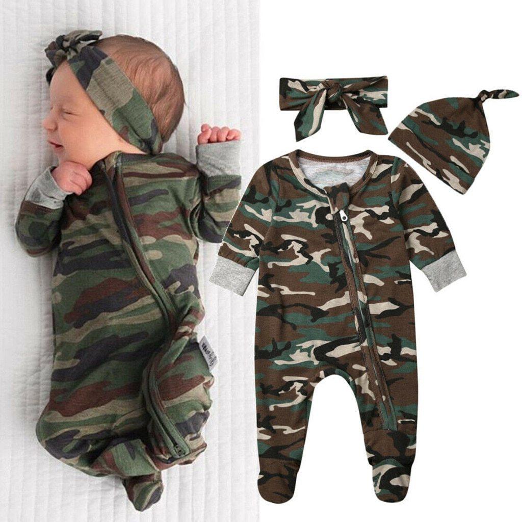 Barboteuse camouflage militaire pour bébés filles et garçons, combishort décontracté mignon à fermeture éclair avec bandeau et chapeau pour filles et garçons