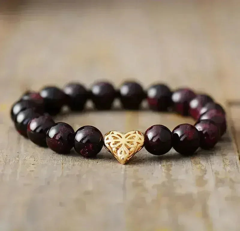 Bracelet Cœur Grenat – Pierres Naturelles 10mm | Luxe Bohème