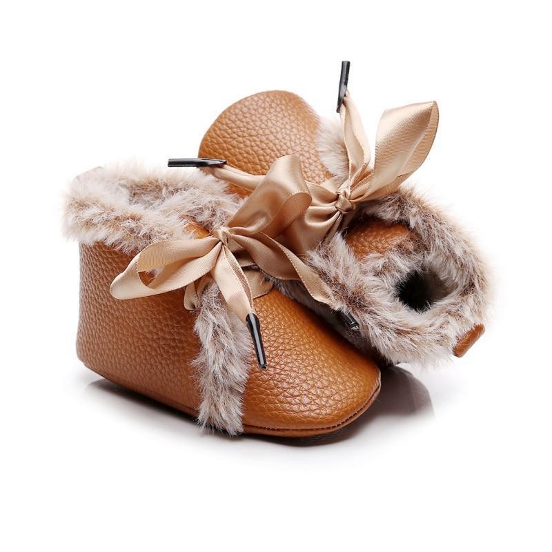 Bottes Bébé en PU Hiver Antidérapantes Chaudes Premiers Pas Semelle Souple Chaussons Bébé Nœud Papillon à Lacets