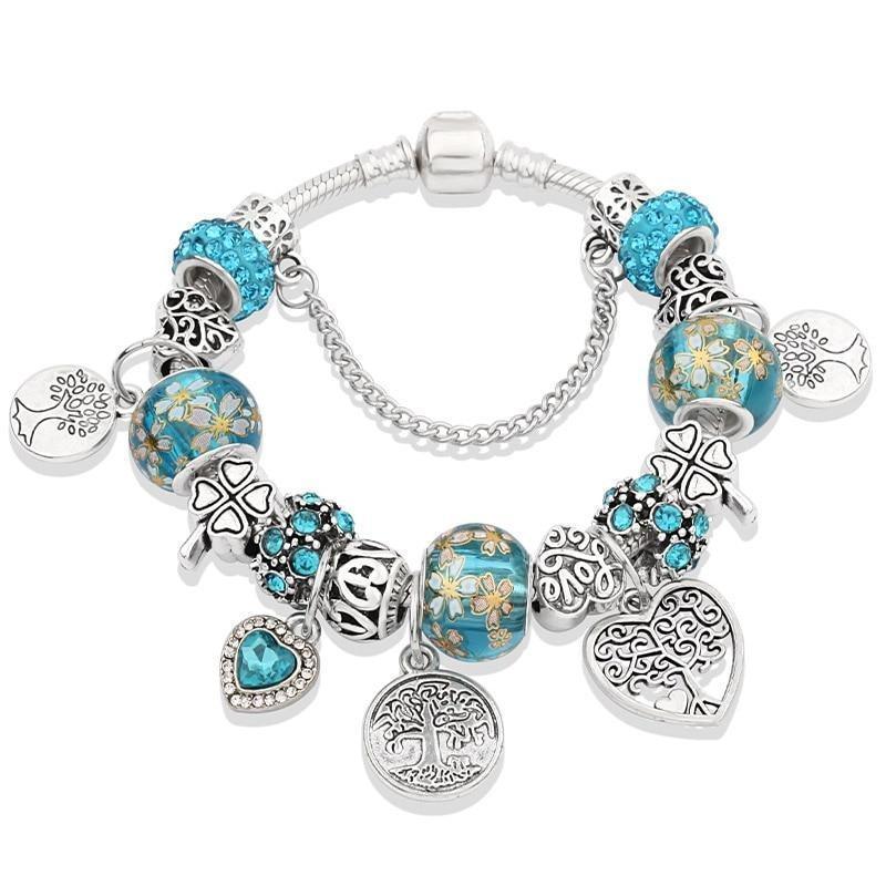 Élégant, Moderne, Superbe, Tendance, Nouveau Bracelet de luxe Arbre de Vie en Argent, Bracelet à Breloques en Cristal Feuille Verte