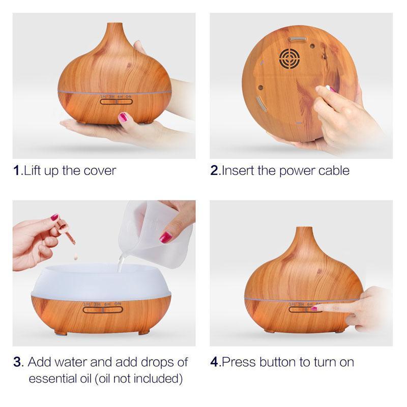 Diffuseur d'huile essentielle d'aromathérapie 550 ml grain de bois télécommande humidificateur d'air ultrasonique brume froide avec lumière LED 7 couleurs pour chambre de bébé, arrêt automatique sans eau, 7 couleurs de lumières changeantes