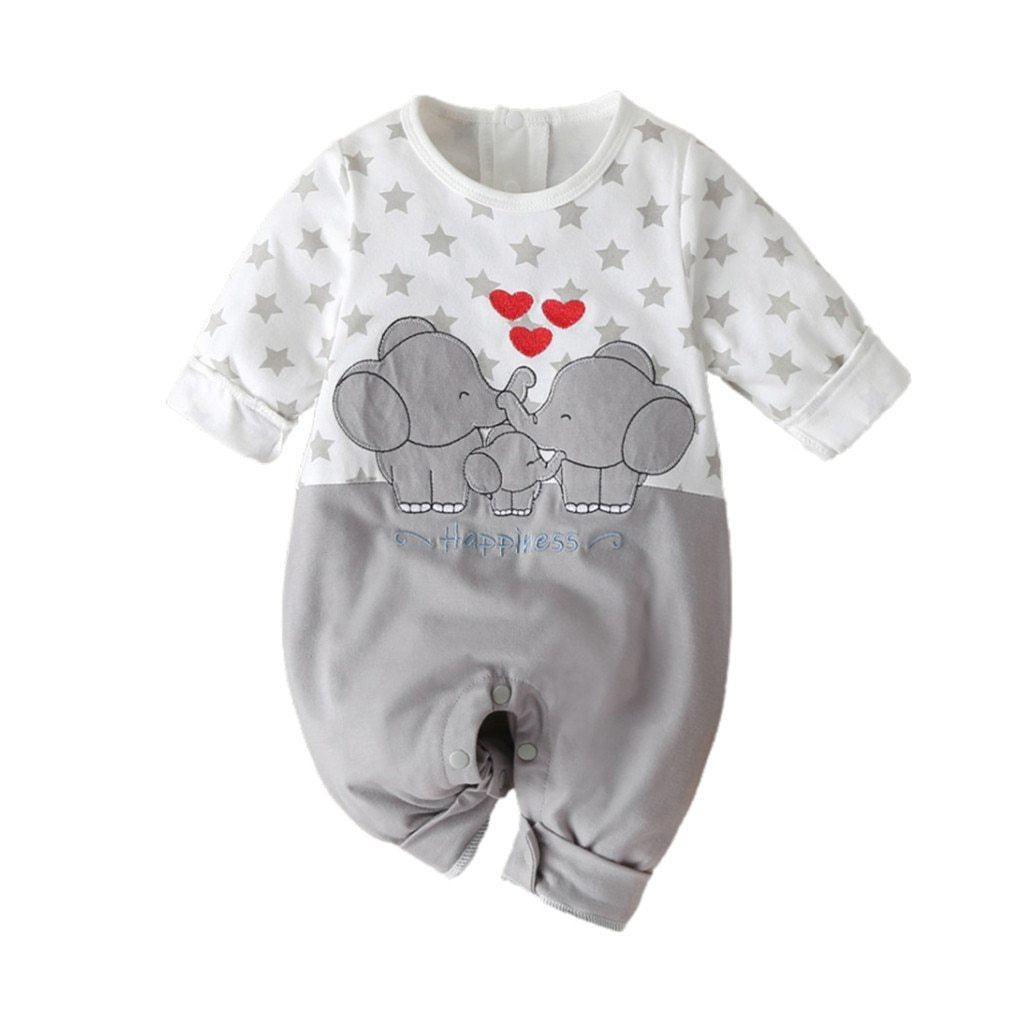 Barboteuse à manches longues imprimé étoile de dessin animé, combinaison motif éléphant, vêtements chauds pour bébés filles et garçons