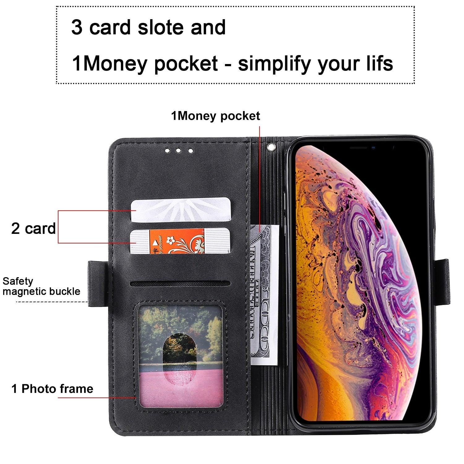 Étui portefeuille de luxe en cuir magnétique à rabat pour iPhone 14 13 12 Mini 11 Pro SE, avec porte-cartes, béquille, fentes pour cartes et argent, protection intégrale à 360°