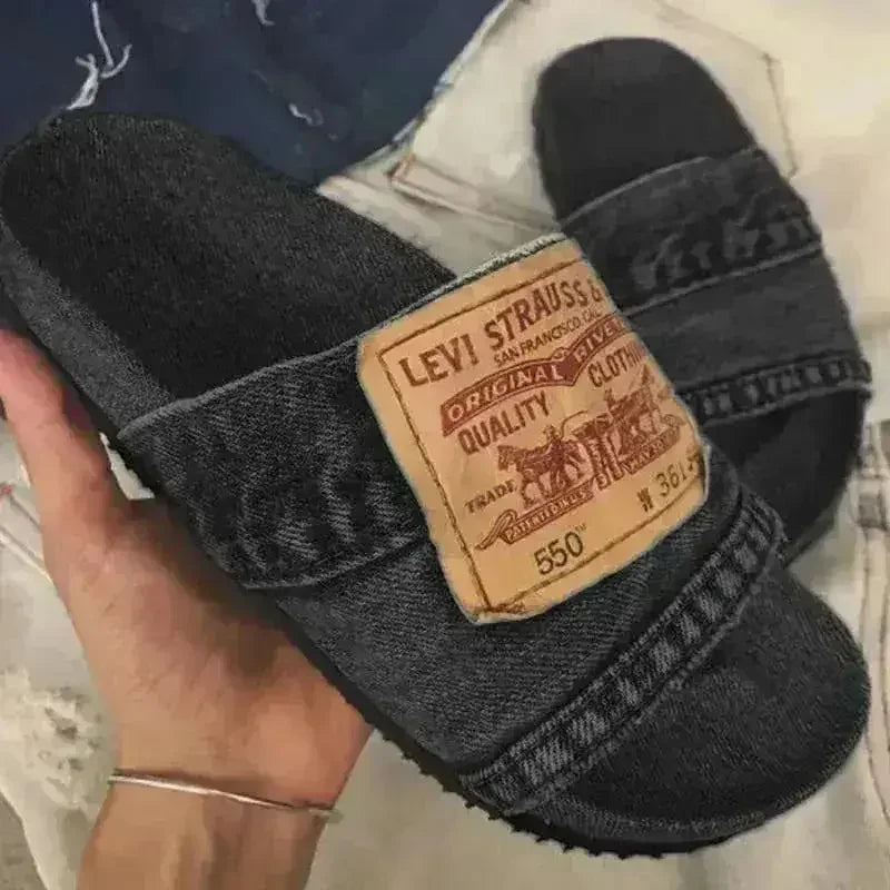 Sandales Plates Rondes en Jean pour Femme Bleu/Noir