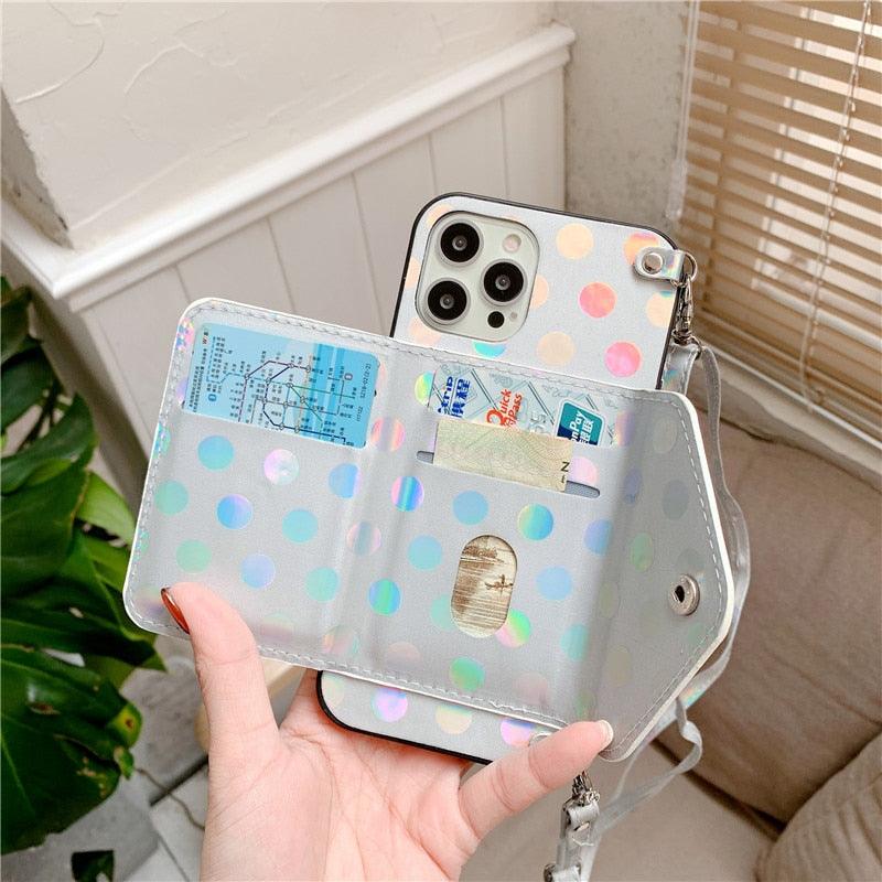 Étui de téléphone de luxe avec bandoulière et petits pois pour iPhone 14 14Pro Max 13 12 Mini 11 Pro XSXR 7 8 Plus, étui portefeuille en cuir avec porte-cartes, dragonne et pochette.
