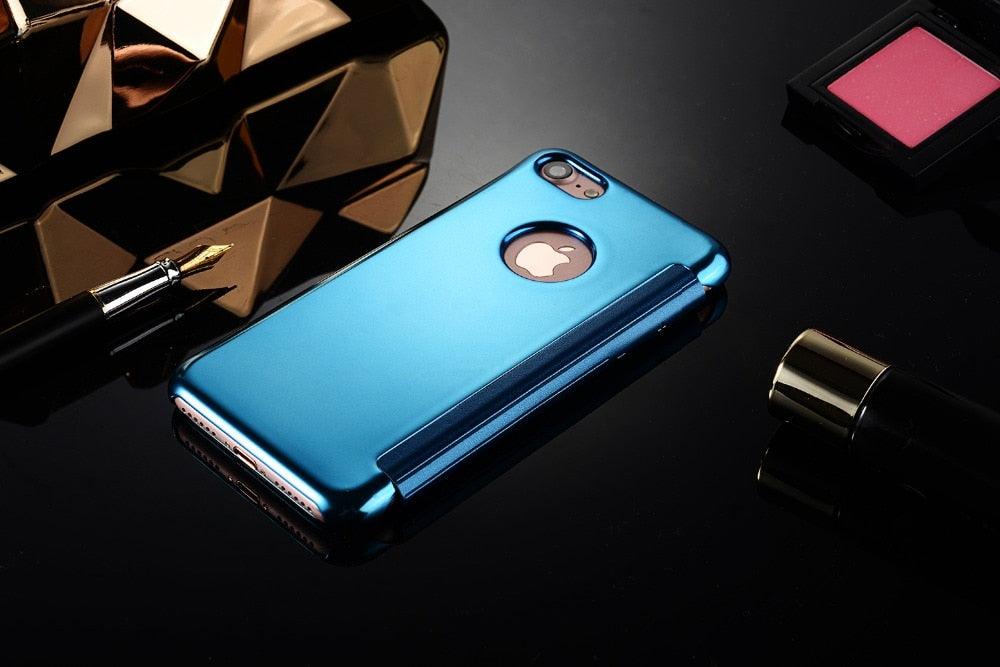 Étui à rabat de luxe pour iPhone, coque pour iPhone 11 12 13 14 avec fenêtres transparentes, miroir, fermeture magnétique simple, étui portefeuille unique et élégant pour iPhone