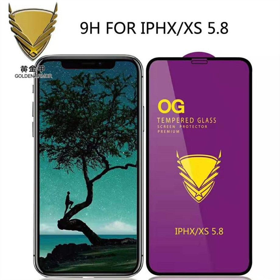Lot de 3 protections d'écran en verre trempé OG pour iPhone 14 13 12 11 Pro XS Max X XR, avec colle intégrale, bordures incurvées, couverture complète pour iPhone 7 8, protection d'écran en verre pour iPhone