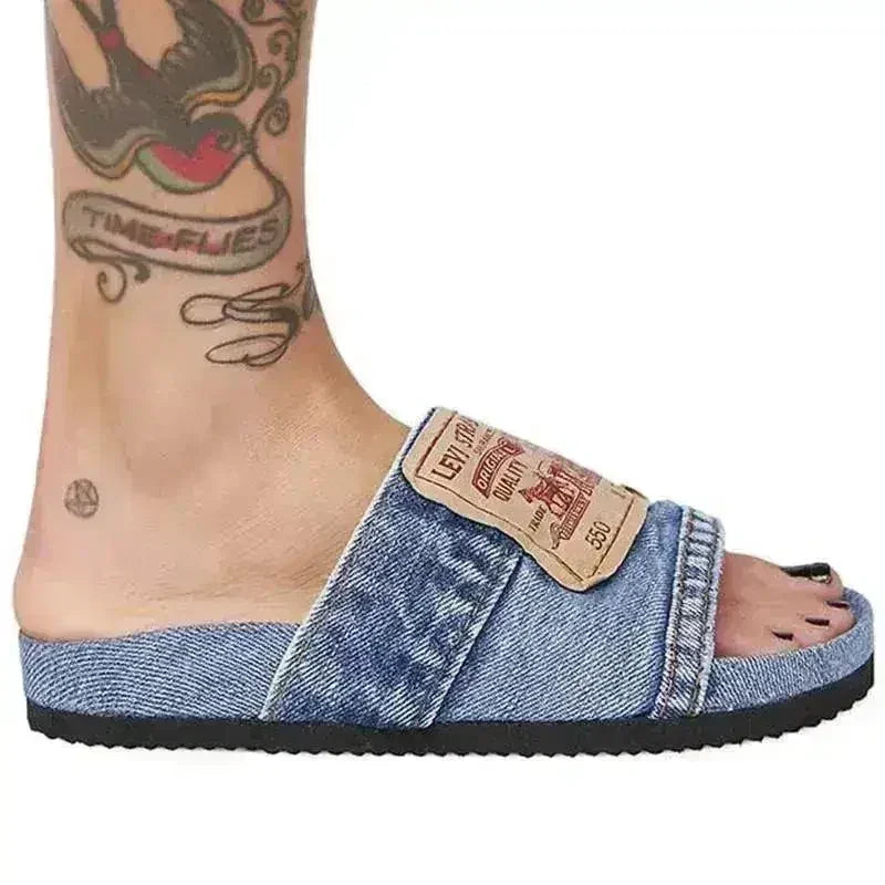 Sandales Plates Rondes en Jean pour Femme Bleu/Noir