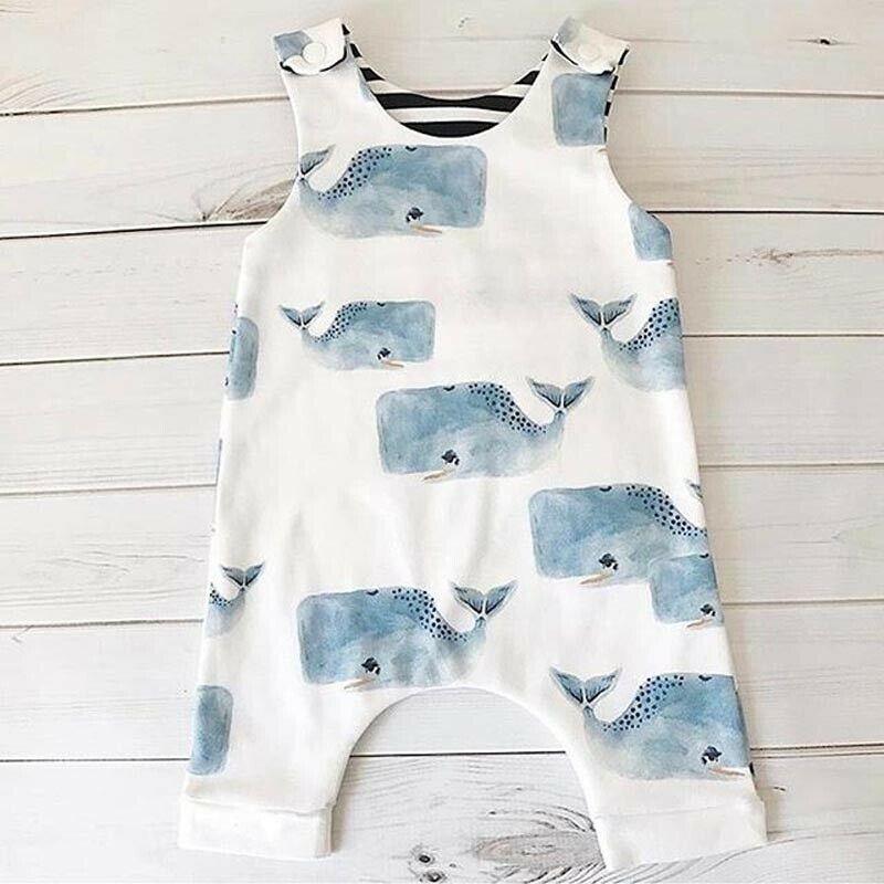 Grenouillère sans manches imprimé baleines pour bébés garçons, tenue de soleil d'été, barboteuse salopette combishort