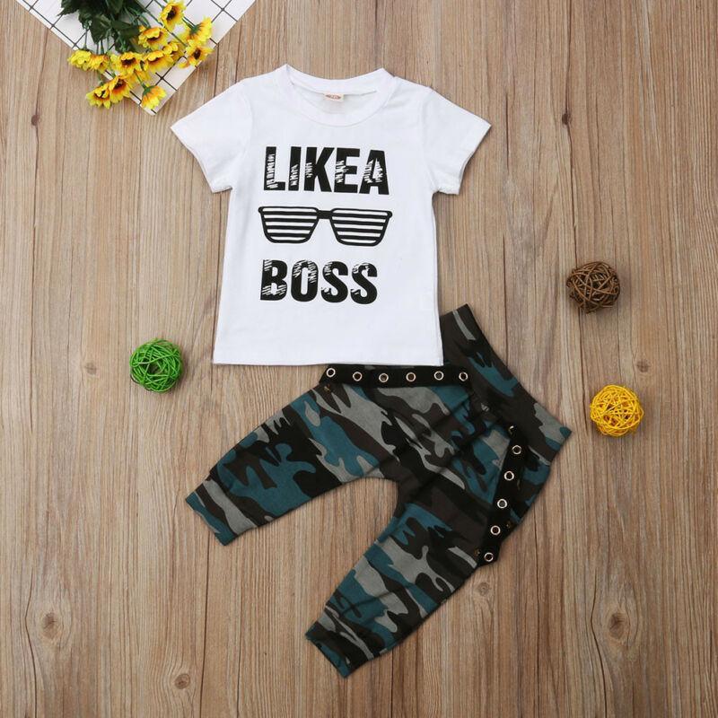 Ensemble bébé garçon pantalon et t-shirt à manches courtes d'été, motif « Like A Boss », style militaire, pour nourrissons et tout-petes