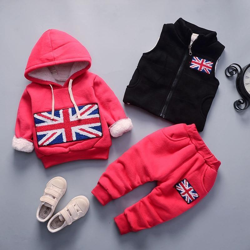 Vêtements pour bébé épais et chauds d'hiver, ensemble trois pièces avec pull à capuche imprimé ours et renard de dessin animé pour bébé fille, pull et pantalon