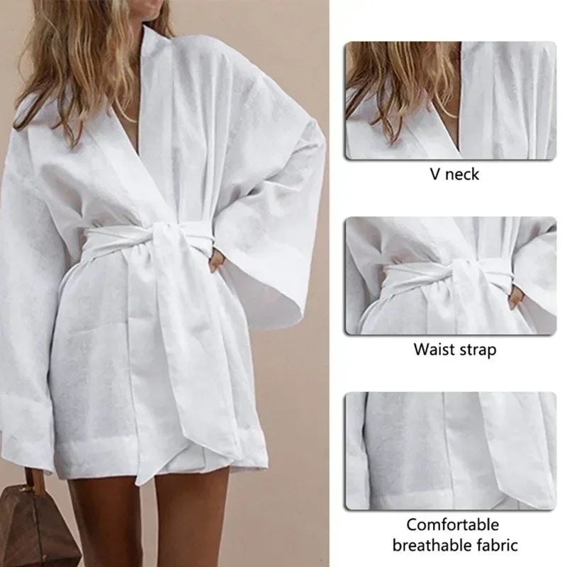 Cardigan Kimono Col V Femme, Robe Courte en Coton et Lin à Manches Longues, avec Ceinture, Style Robe de Chambre, Lacets, Été, Ample, Vestidos