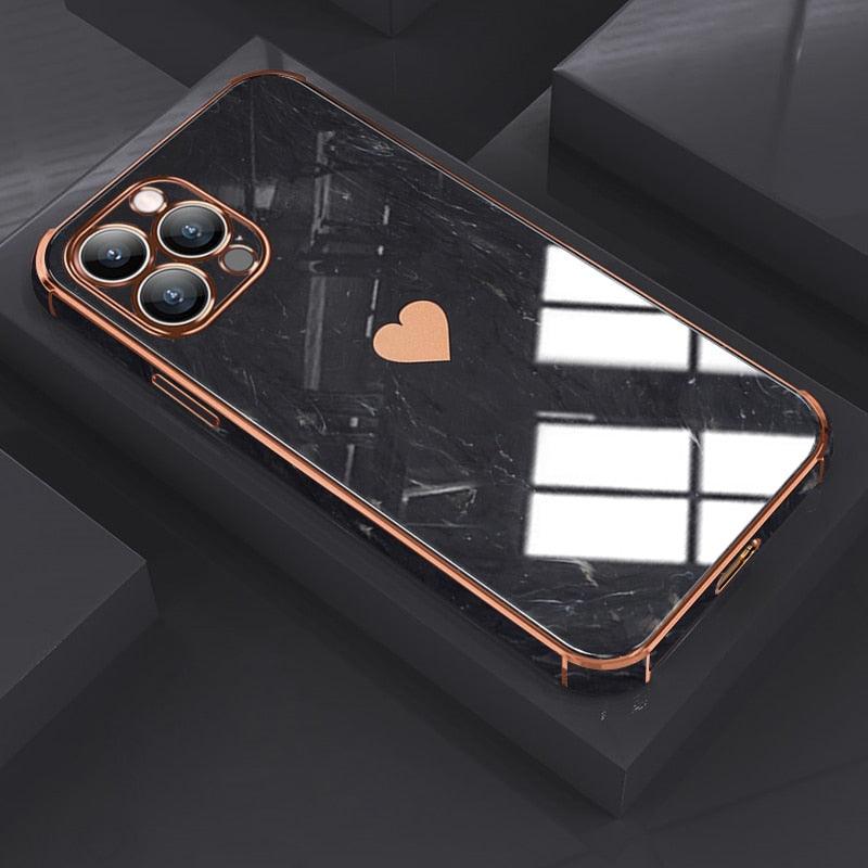 Étui Souple Antichoc de Luxe pour iPhone 13 12 11 Pro Max XS XR X R 8 7 Plus iPhone12 12Pro iPhone11 Housses Texture Marbre Étui de Téléphone de Luxe Motif Cœur Latéral Mignon Petit Étui Souple Antichoc de Protection Complète de l'Objectif pour iPhone