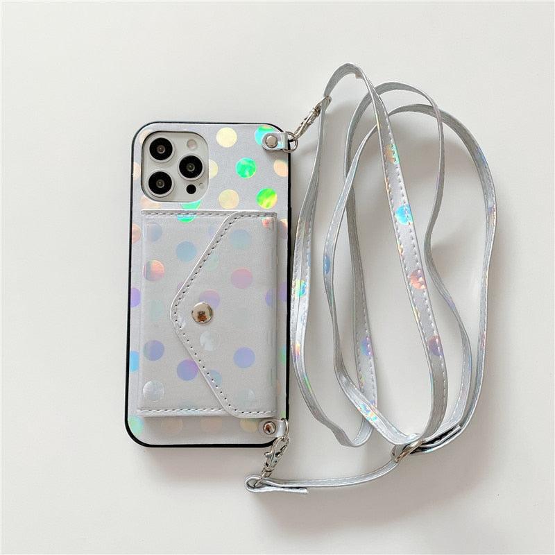 Étui de téléphone de luxe avec bandoulière et petits pois pour iPhone 14 14Pro Max 13 12 Mini 11 Pro XSXR 7 8 Plus, étui portefeuille en cuir avec porte-cartes, dragonne et pochette.
