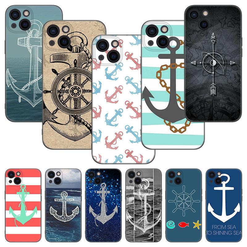 Coque de téléphone à roue de bateau ancre pour iPhone 13 12 Mini 11 Pro XS Max XR X 8 7 6S 6 Plus 5S 5 SE 2020 Housse noire Coque arrière rigide d'ancre personnalisée