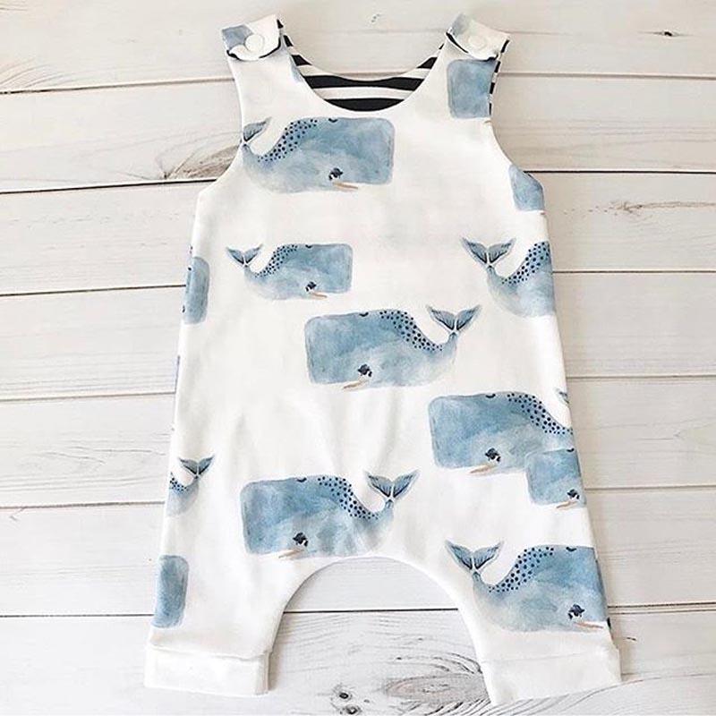 Grenouillère sans manches imprimé baleines pour bébés garçons, tenue de soleil d'été, barboteuse salopette combishort