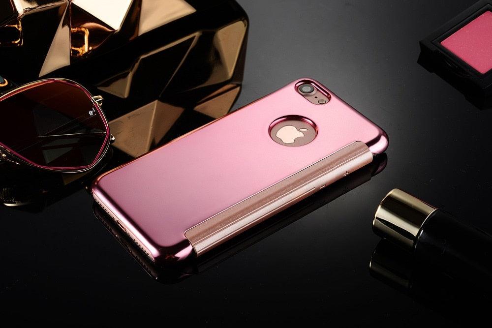 Étui à rabat de luxe pour iPhone, coque pour iPhone 11 12 13 14 avec fenêtres transparentes, miroir, fermeture magnétique simple, étui portefeuille unique et élégant pour iPhone