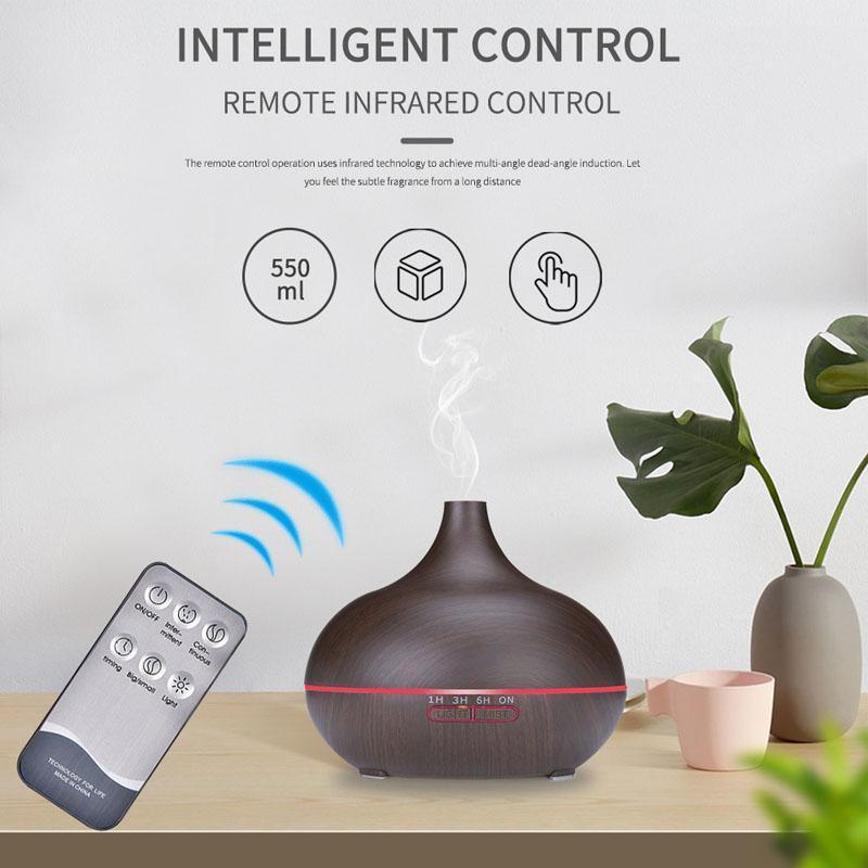 Diffuseur d'huile essentielle d'aromathérapie 550 ml grain de bois télécommande humidificateur d'air ultrasonique brume froide avec lumière LED 7 couleurs pour chambre de bébé, arrêt automatique sans eau, 7 couleurs de lumières changeantes