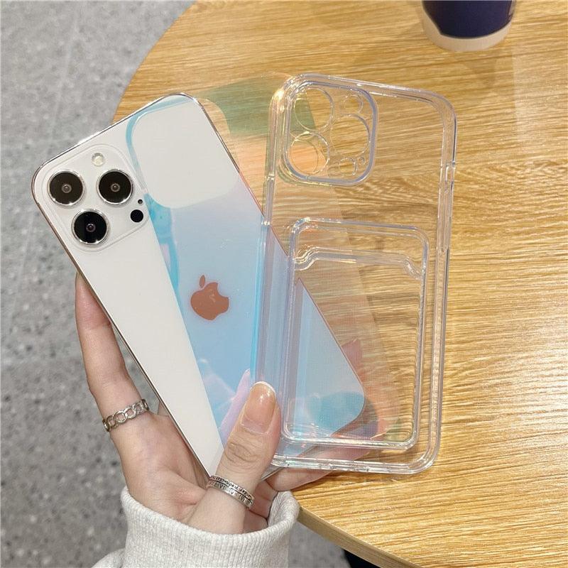 Étui Souple Transparent Unique pour iPhone 13 11 12 Pro Max avec Porte-Cartes et Dégradé, Couleurs Magnifiques, Protection Antichute