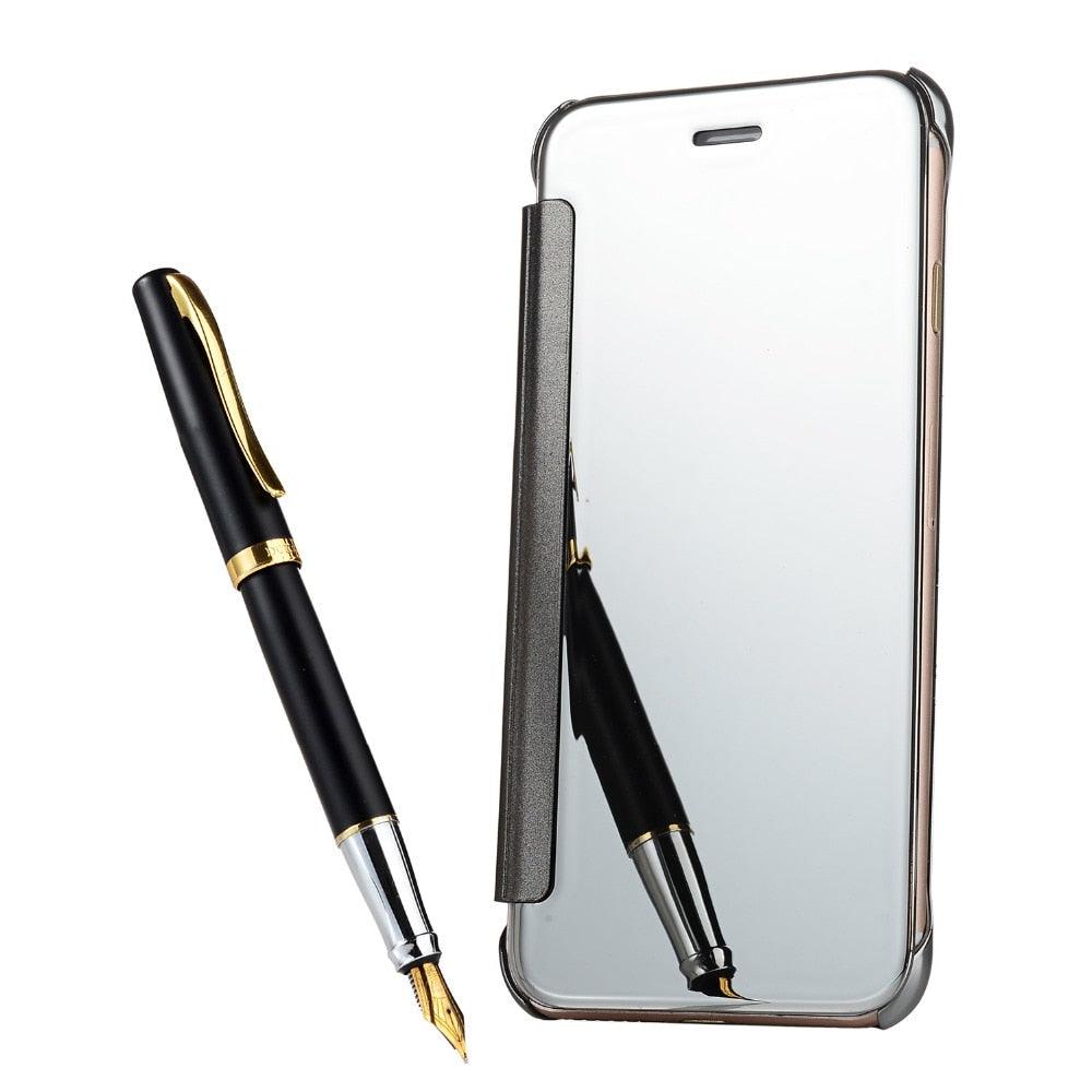 Étui à rabat de luxe pour iPhone, coque pour iPhone 11 12 13 14 avec fenêtres transparentes, miroir, fermeture magnétique simple, étui portefeuille unique et élégant pour iPhone