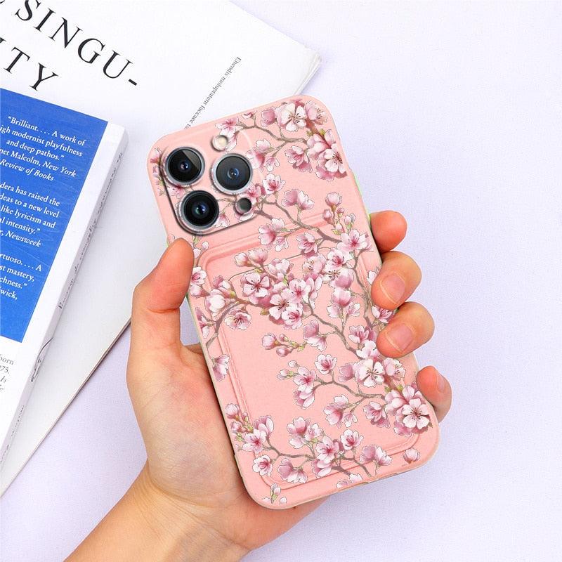 Magnifiques étuis en silicone souple anti-rayures pour iPhone 13 Pro Max. Étui portefeuille en silicone avec porte-cartes pour iPhone 13 Mini, 13ProMax, 13Pro. Étui iPhone avec porte-cartes, motif fleur et papillon.