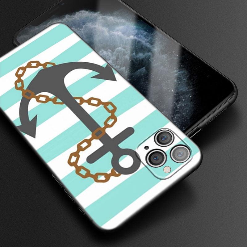 Coque de téléphone à roue de bateau ancre pour iPhone 13 12 Mini 11 Pro XS Max XR X 8 7 6S 6 Plus 5S 5 SE 2020 Housse noire Coque arrière rigide d'ancre personnalisée