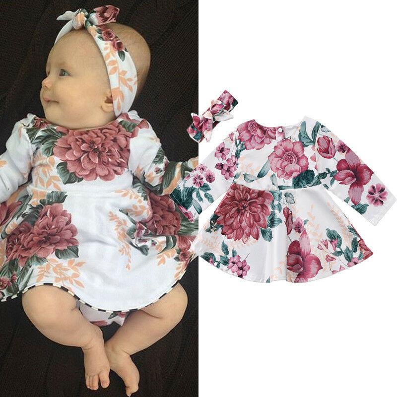 Bébé Fille Nouveau-né Robe Florale Enfants avec Robe Manches Longues + Bandeau Tenues Ensemble Vêtements Robe Moderne pour Filles